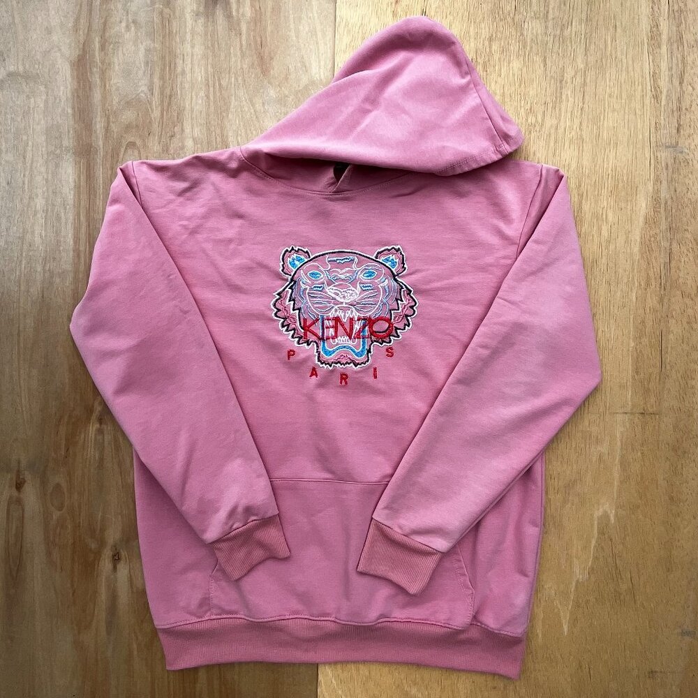KENZO PARIS HOODIE WOMEN’S sz S Embroidered Tiger Logo Pink Pullover Lightweight